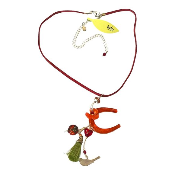 LALO Orna CHARM NECKLACE Resin Horseshoe Ladybug Silver Bird Red Leather 19-25" - Picture 2 of 6